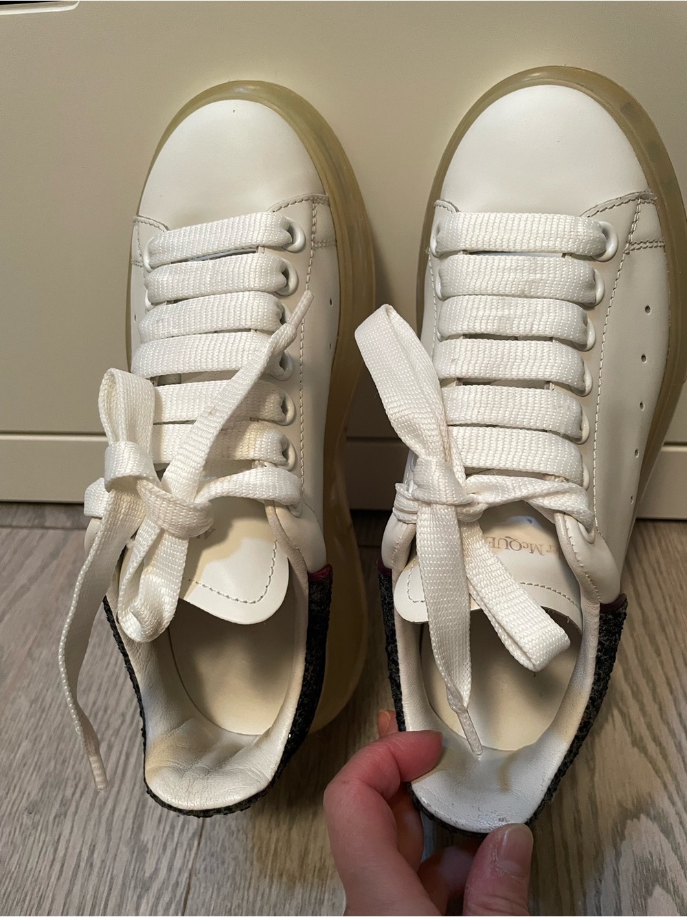 Alexander McQueen White Kids Sneakers with Translucent Tan Sole and Black Heel